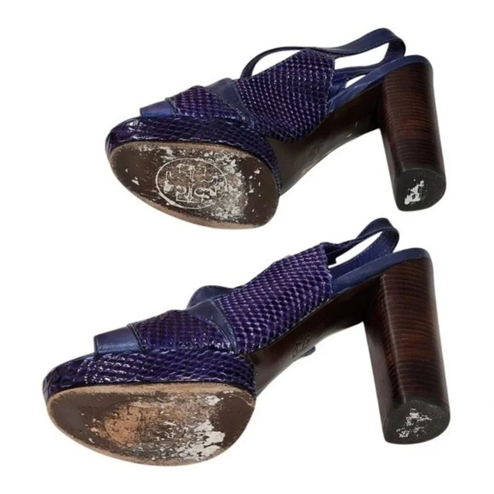 Tory Burch Purple‎ Snakeskin Leather Slingback Platform Block Heel Sandals